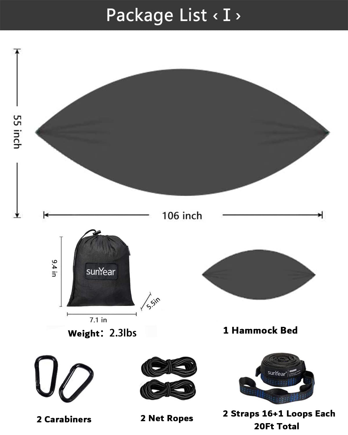 Sunyear Hammock Camping with Rain Fly Tarp and Net, Portable Camping Hammock Double Tree Hammock Outdoor Indoor Backpacking Travel & Survival, 2 Tree Straps,100% Waterproof Black Bundle