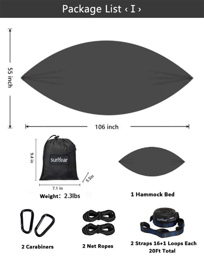Sunyear Hammock Camping with Rain Fly Tarp and Net, Portable Camping Hammock Double Tree Hammock Outdoor Indoor Backpacking Travel & Survival, 2 Tree Straps,100% Waterproof Black Bundle