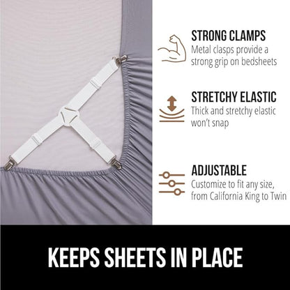 Gorilla Grip Headboard Gap Pillow and Bed Sheet Straps, Headboard Gap Pillow Size Queen, Dense Foam Wedge, Sheet Fasteners 4 Pack, Adjustable Elastic with Metal Clips, Both in White, 2 Item Bundle