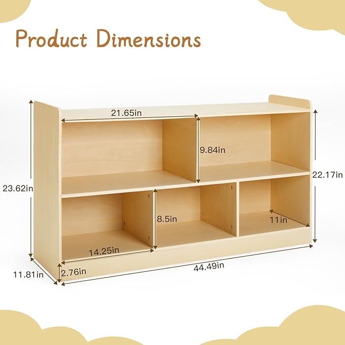 Montessori Shelf, Wooden Toy Storage Organizer for Books Toys, 2 Shelf Bookcase, 5-Section Storage Cabinet, Toddler Book Shelf for Kids Rooms, Playroom, Nursery, Kindergarten (Natural)