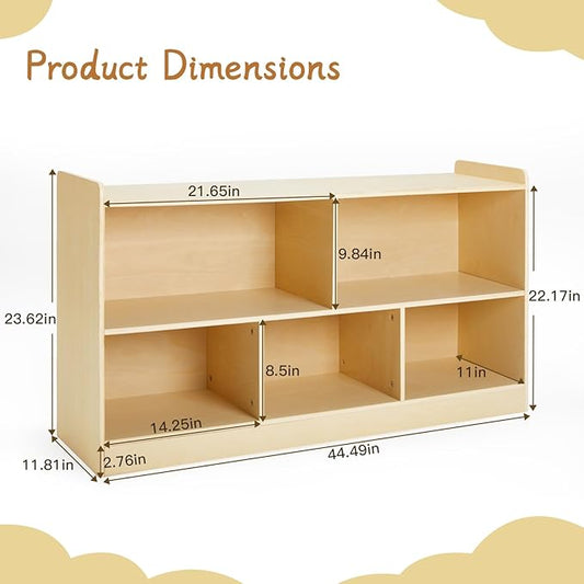 Montessori Shelf, Wooden Toy Storage Organizer for Books Toys, 2 Shelf Bookcase, 5-Section Storage Cabinet, Toddler Book Shelf for Kids Rooms, Playroom, Nursery, Kindergarten (Natural)