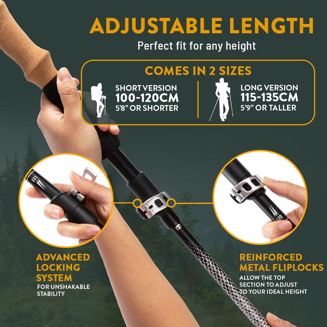 Premium Foldable Hiking Poles by USA Brand - Adjustable, Lightweight Trekking Poles Made of Aircraft Aluminum, Metal Locks Cork EVA Grips (Cork - Black, 100-120 cm for Height: 5'9" and Smaller)