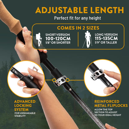 Premium Foldable Hiking Poles by USA Brand - Adjustable, Lightweight Trekking Poles Made of Aircraft Aluminum, Metal Locks Cork EVA Grips (Cork - Black, 100-120 cm for Height: 5'9" and Smaller)