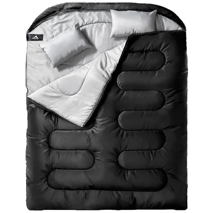 MEREZA Double Sleeping Bag for Adults Mens with Pillow, XL Queen Size Two Person Sleeping Bag for All Season Camping Hiking Backpacking for Cold Weather & Warm Black