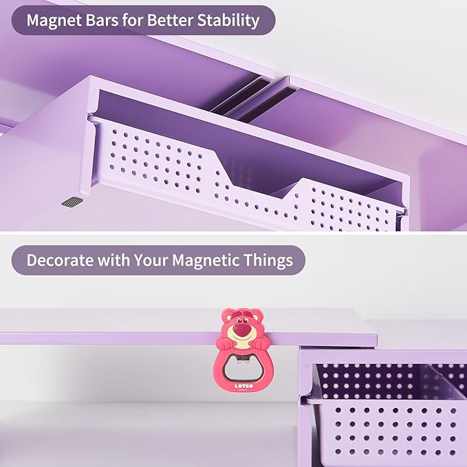 Dual Monitor Stand Riser with Drawer, Desk Organizer and Accessories, Metal Laptop Stand for Desk, Workspace Desktop Stand for Computer, Laptop, TV and More (Purple)