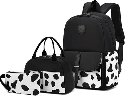 School Backpack for Girls Teens Bookbag with Lunch Box Set Kids Backpack Elementary Middle School Bag Daypack, Black Cow