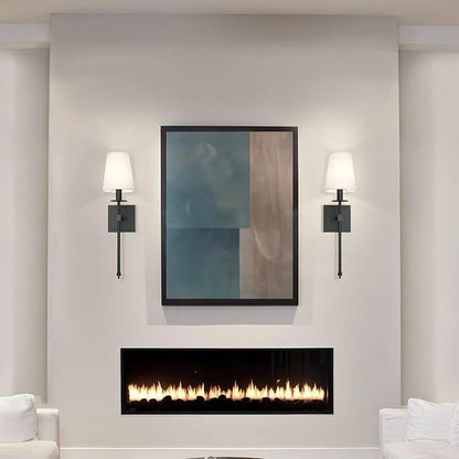 XiNBEi Lighting Black Wall Sconces Set of 2, Classic Sconces Wall Lighting with Flared White Fabric Shade 1 Light Wall Lamps for Bedroom Bedside Corridor & Living Room