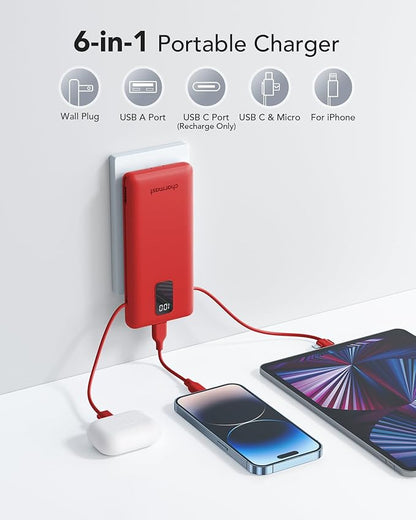 charmast Portable Charger with Built-in Cables and Plug, 10000mAh USB C Power Bank Fast Charging, External Battery Pack Slim, Travel Essentials Compatible with iPhones, Samsung Galaxy, iPad