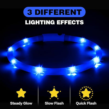 HIGO Light Up Dog Collar - 2-Pack Silicone LED Rechargeable, Safety Light, Glow in The Dark Lighted Necklace for Small Medium Large Dogs (Blue)