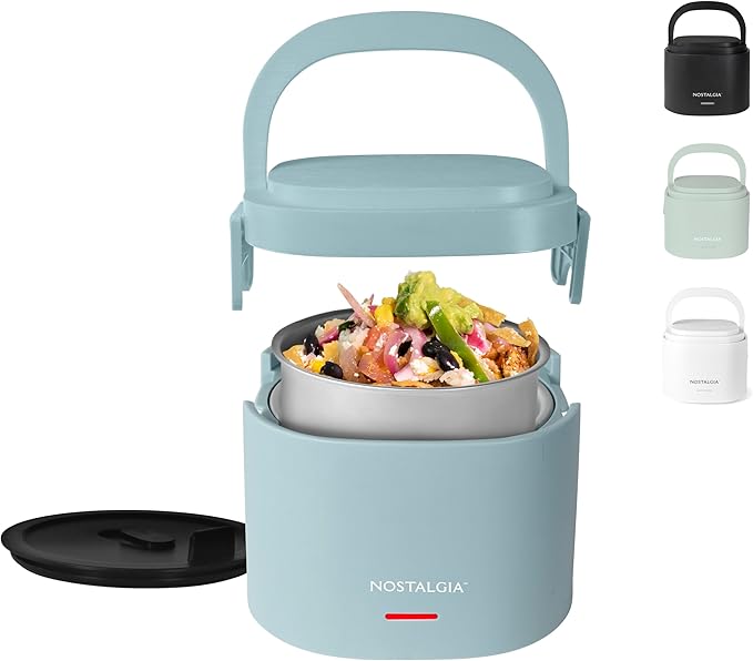 Nostalgia Portable 20-Ounce Electric Heated Lunch Box – Travel Size 2.5 Cup Capacity for Soup, Chili, and Leftovers – Leak Proof Silicone Sealed Lid, Foldable Carry Handle, Detachable Cord – Chambray