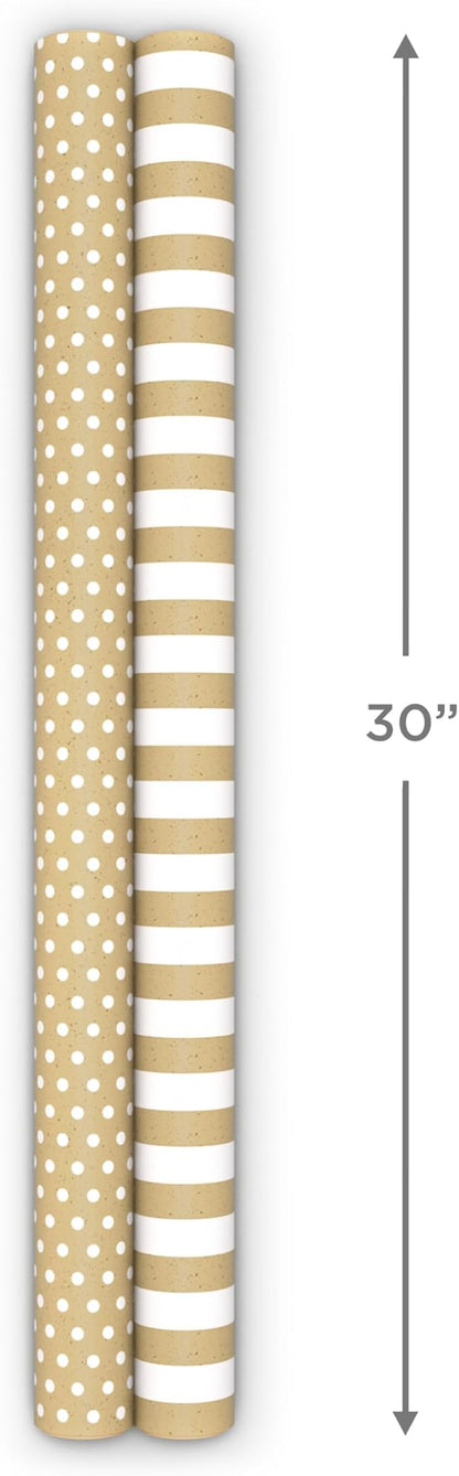 Hallmark Bulk Kraft Reversible Wrapping Paper Rolls (2 Rolls: 160 Sq. Ft. Total) Black Polka Dots, White Stripes for Birthdays, Weddings, Graduations, Baby Showers, Holidays