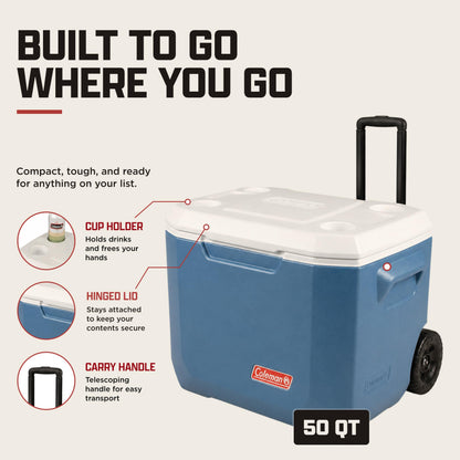 Coleman Xtreme 50qt Rolling Cooler with Wheels, Extra-Walled Insulation Keeps Ice up to 5 Days, Portable Wheeled Hard Chiller