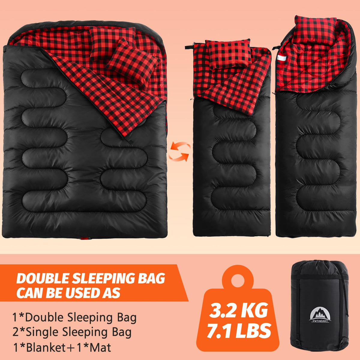 Swtmerry Flannel Double Sleeping Bag for Adults with 2 Pillows Cold Weather, Big & Tall Queen Size XL Sleeping Bag for 2 Person, Waterproof & Lightweight Warm for All Season