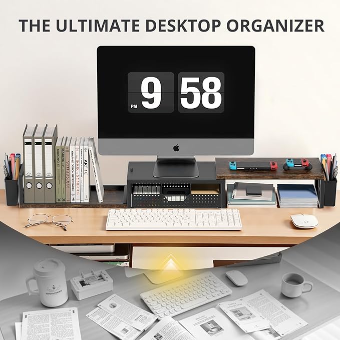 OPNICE Wood Desk Organizers and Accessories, Dual Monitor Stand Riser with Drawer and 2 Pen Holders, Desk Shelf Computer Racks for Office Workspace Organizers, Desktop Organization (Rustic Brown)