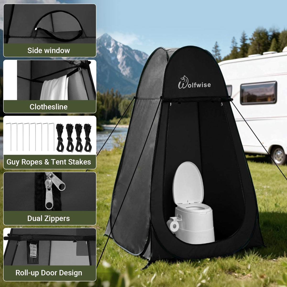 Wolfwise Pop Up Shower Tent for Camping Essentials, Portable Instant Changing Tent with Ventilation Window & Carry Bag, Privacy Dressing Room Bathroom Toilet for Beach, Outdoor, Standard, Black