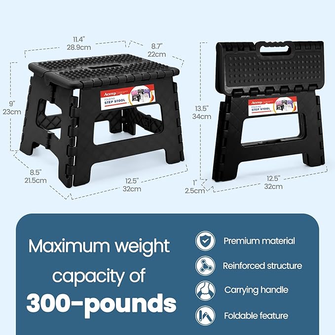 ACSTEP 9 Inch Folding Step Stool 300 LB Capacity Non Slip Foot Stool with Handle Plastic Foldable Step Stools for Kids Stepping Stool for Bathroom Black Small Step Stool (1 PC Black)