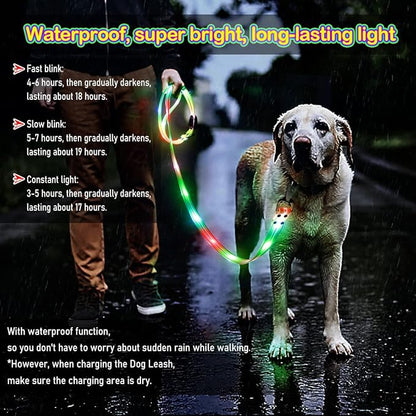 LED Waterproof Pet Dog Leash USB Rechargeable Fashionable Color Glow in The Dark Night Walk Safety Dog Leash for Medium to Large Dogs