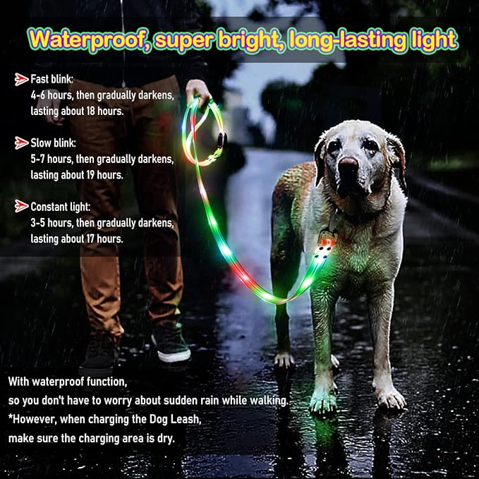 LED Waterproof Pet Dog Leash USB Rechargeable Fashionable Color Glow in The Dark Night Walk Safety Dog Leash for Medium to Large Dogs
