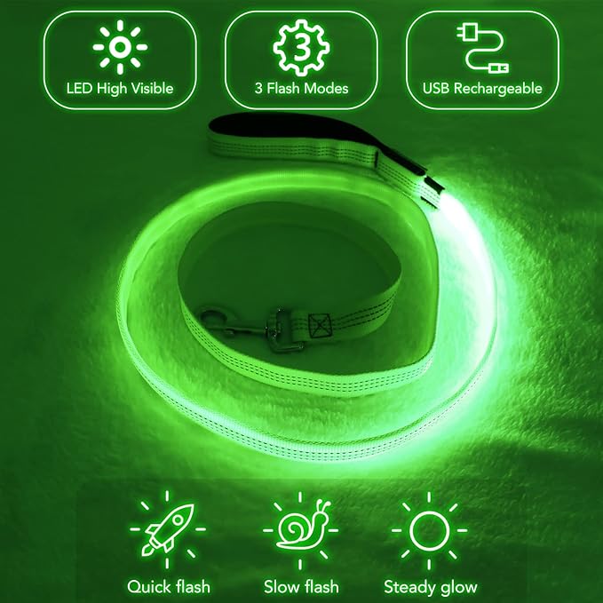 Colaseeme Light Up Dog Leash, LED Pet Leashes USB Rechargeable, Glow Safety Dogs Lights at Night (4FT,Green & Reflective Wires)