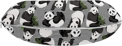Ambesonne Tropical Travel Pillow Neck Rest, Funny Panda Bears and Exotic Leaves on Minimalist Stripes Modern, Memory Foam Traveling Accessory for Airplane and Car, 12", Dark Blue Grey and White