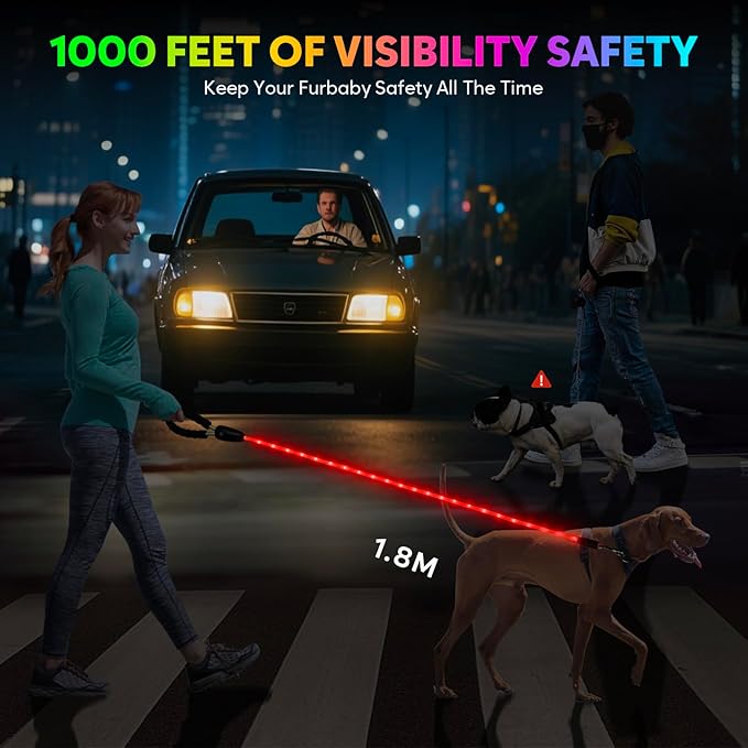 YFbrite Waterproof Light up Dog Leash with 15 Flashing Modes - Super Bright LED Dog Leash for Small Medium Large Dogs - Type-c Rechargeable Dogs Leashes Light (Multi-Color, 6FT (180cm))