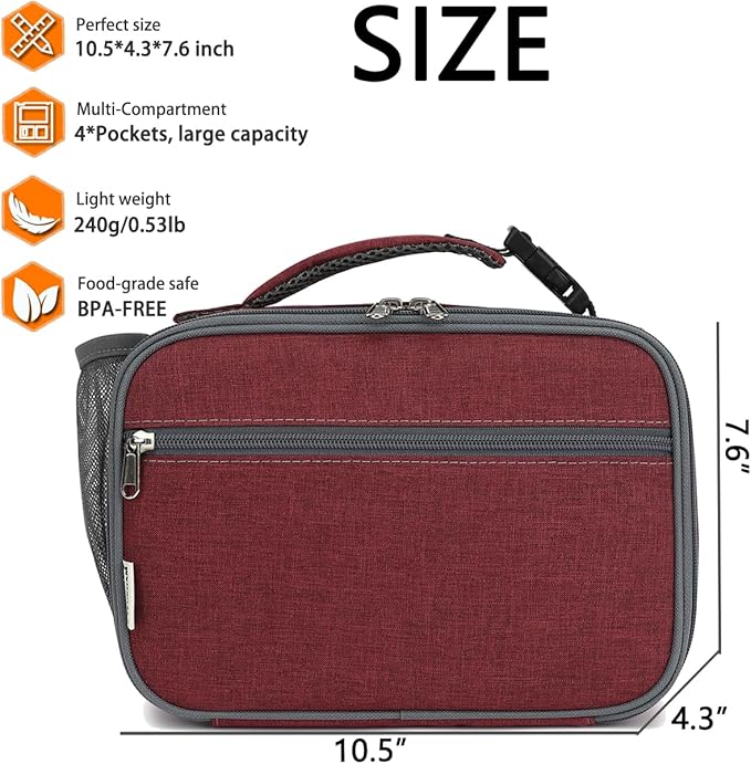 Insulated Lunch Box for School, Thermal Reusable Durable Freezable Lunch Bags for Kids Boys Girls Men Women - Small Soft Cooler Portable Lunch Tote Kit for Work Picnic Travel,Dark Red