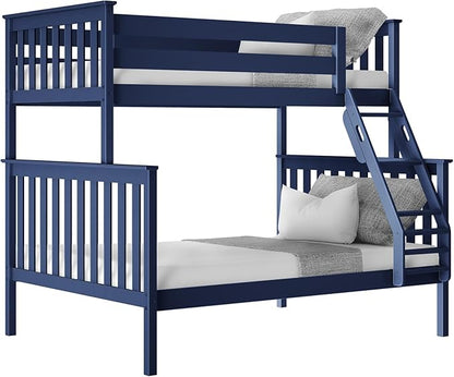Max & Lily Bunk Bed Twin Over Full Size with Ladder, Solid Wood Platform Bed Frame with Ladder for Kids, 14" Safety Guardrails, Easy Assembly, No Box Spring Needed, Blue