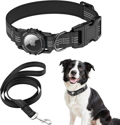 AirTag Dog Collar and Leash, IP68 Waterproof Integrated with Reflective, Ultra-Durable, Comfortable Padded, Heavy Duty Dog Collars for Small Medium Large Dogs, S (10.6"-13.6"), Black