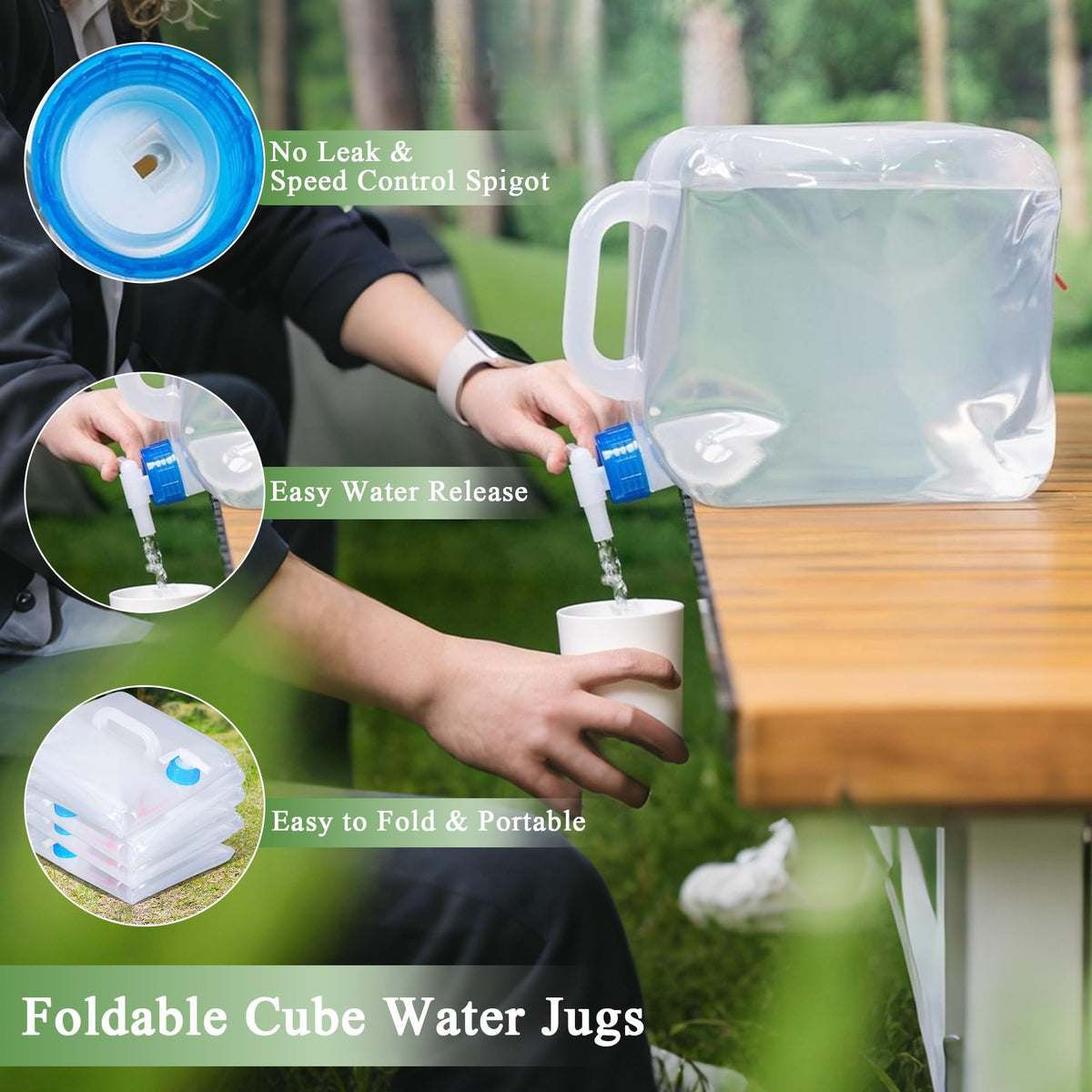 Cosell Collapsible Water Container with Spigot & Hook, BPA Free Water Jug, Foldable Carrier Bucket, Water Storage Container for Camping Hiking Survival Kit, 2-Pack (20L/5.3 Gallon)