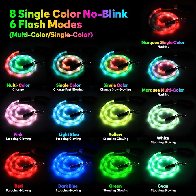 YFbrite Waterproof Light up Dog Leash with 15 Flashing Modes - Super Bright LED Dog Leash for Small Medium Large Dogs - Type-c Rechargeable Dogs Leashes Light (Multi-Color, 6FT (180cm))