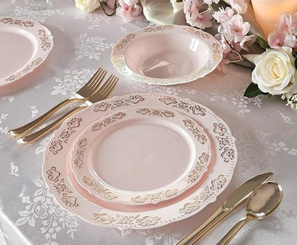 " OCCASIONS " 50 Plates Pack (25 Guests) Vintage Wedding Party Disposable Plastic Plate Set -25x10.25'' Dinner +25x7.5'' Salad/Dessert plates (Portofino Light Pink & Gold Accents)