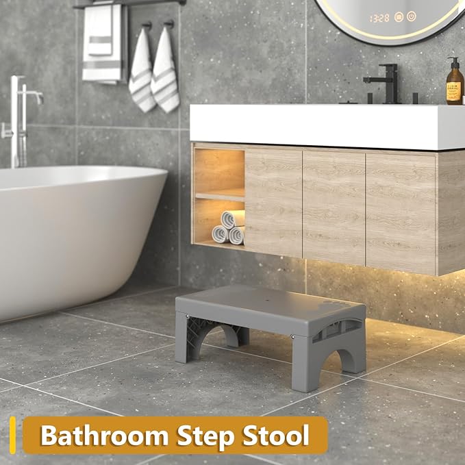 Folding Step Stool for Adults Kids, Heavy Duty Non-Slip Foldable Stepping Stool with 400-LBS Capacity, Safety Collapsible Foot Step Stool for Bathroom Bedroom Kitchen, Bed Steps for High Beds, Gray