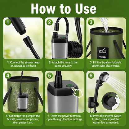 ELZONYX Portable Shower for Camping, 6000mAh Rechargeable Camping Shower with Intelligent LED Display, Foldable Bucket, 4 Spray Modes, IPX7 Waterproof Outdoor Camp Pump for Hiking, Travel, Car, Pet