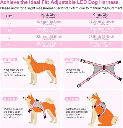 Visinite LED Dog Harness, USB Rechargeable Light Up Dog Vest, 2 Illuminate Modes Glow in The Dark Dog Harness, Adjustable Lighted Pet Harness Light for Night Walking Safety (Pink, XL)