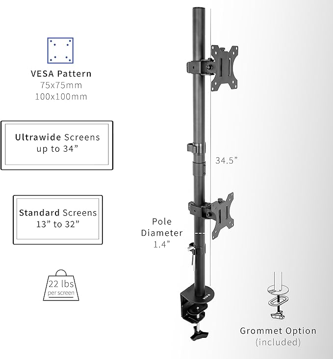 VIVO Dual Vertically Stacked Monitor Desk Mount, Extra Tall Adjustable Stand for 2 Ultrawides up to 34 inches, 22 lbs Capacity, Black, STAND-V002T