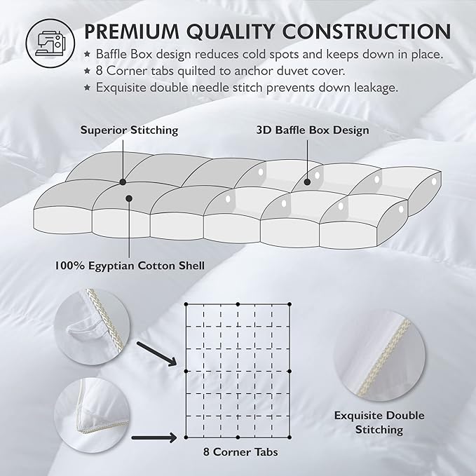 Luxurious White Solid Heavy Weight, Twin Size Goose Feathers Down Comforter for Winter Weather Duvet Insert, Premium Baffle Box, 100% Egyptian Cotton Cover, 60 oz. Fill Weight