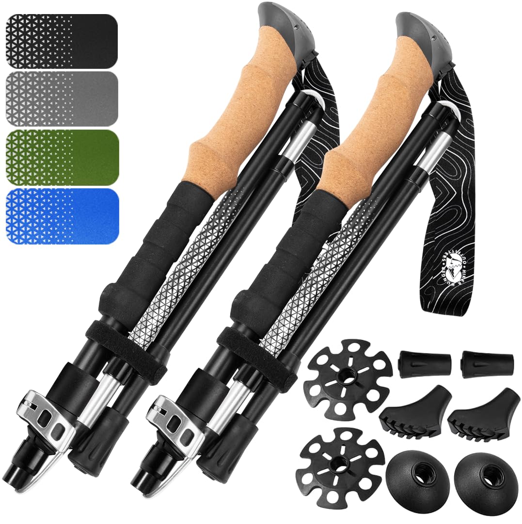 Premium Foldable Hiking Poles by USA Brand - Adjustable, Lightweight Trekking Poles Made of Aircraft Aluminum, Metal Locks Cork EVA Grips (Cork - Black, 100-120 cm for Height: 5'9" and Smaller)
