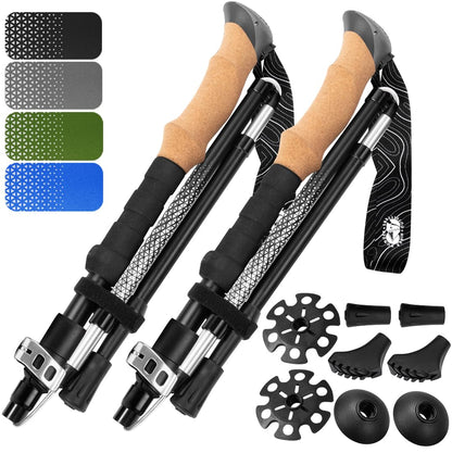 Premium Foldable Hiking Poles by USA Brand - Adjustable, Lightweight Trekking Poles Made of Aircraft Aluminum, Metal Locks Cork EVA Grips (Cork - Black, 100-120 cm for Height: 5'9" and Smaller)