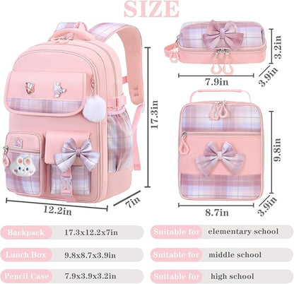 Girls Backpack,Kids School Backpack With Lunch Box Pencil Case Set,Cute Childrens Schoolbag For Girls