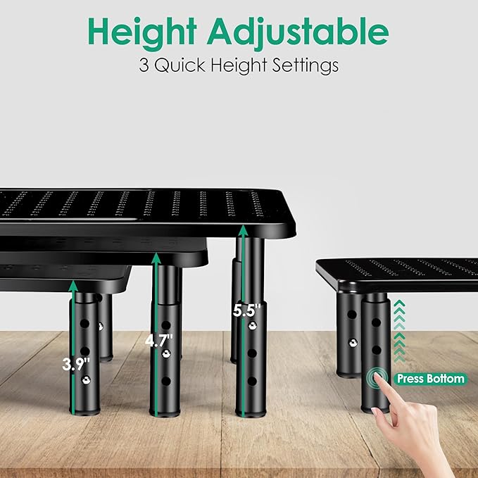 Monitor Stand Risers for 2 Monitors, 3 Height Adjustable Monitor Stand with Pen Holder, Dual Monitor Riser Laptop Riser for Office, Home, School Supplies, 2 Pack, Black