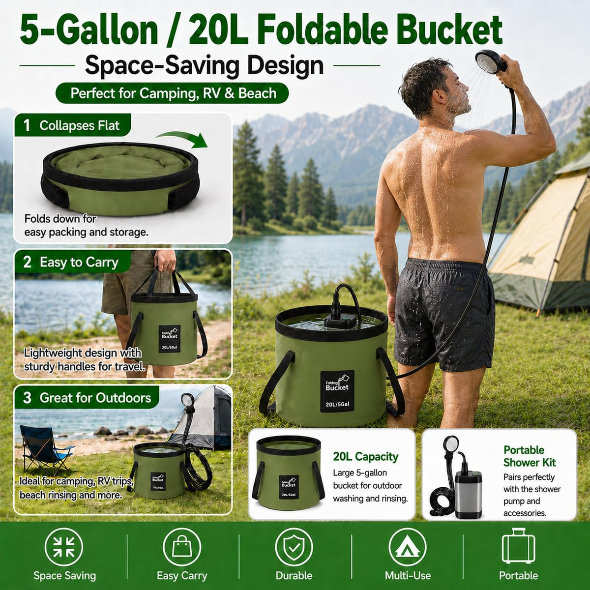 ELZONYX Portable Shower for Camping, 6000mAh Rechargeable Camping Shower with Intelligent LED Display, Foldable Bucket, 4 Spray Modes, IPX7 Waterproof Outdoor Camp Pump for Hiking, Travel, Car, Pet