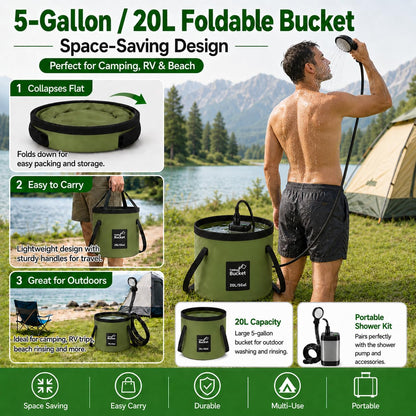 ELZONYX Portable Shower for Camping, 6000mAh Rechargeable Camping Shower with Intelligent LED Display, Foldable Bucket, 4 Spray Modes, IPX7 Waterproof Outdoor Camp Pump for Hiking, Travel, Car, Pet