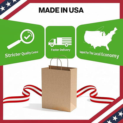 Simple Deluxe Value Pack of 50 Kraft Paper Bags with Handles (10x5x13 Inch) - Made in USA from 90GSM 100% Recycled Paper for Retail, Bulk Savings for Retail, Stores & Gift Packaging