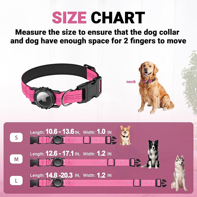 AirTag Dog Collar, IP68 Waterproof Integrated Air Tag Dog Collars with Reflective, Ultra-Durable, Comfortable Padded, Heavy Duty Dog Collars for Small Medium Large Dogs, M (12.6"-17.1"), Pink