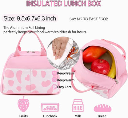 School Backpack for Girls Teens Bookbag with Lunch Box Set Kids Backpack Elementary Middle School Bag Daypack, Pink Cow