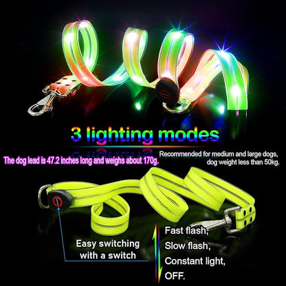 LED Waterproof Pet Dog Leash USB Rechargeable Fashionable Color Glow in The Dark Night Walk Safety Dog Leash for Medium to Large Dogs