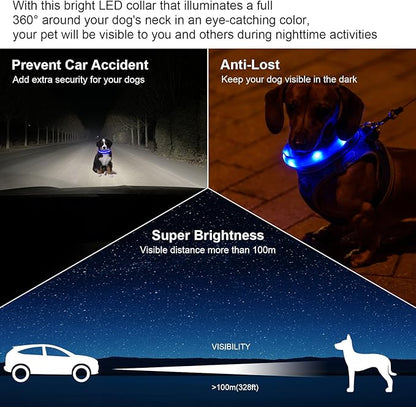 CHUKCHI LED Dog Collar Rechargeable,Waterproof Flashing Collar,Light Up Glow Collar, Adjustable Soft Safety Light Up for Small Medium Large Dogs Walking Camping at Night (Blue-M)