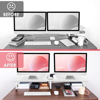 Dual-Monitor-Riser-Stand-For-Desk, Large Monitor Stand Riser For 2 Monitors With Adjustable Length Angle, Double Computer Riser For Desktop Organizer, Monitor Shelf Riser