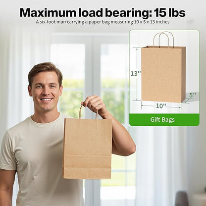 Simple Deluxe Value Pack of 100 Kraft Paper Bags with Handles (10x5x13 Inch) - Made in USA from 90GSM 100% Recycled Paper for Retail, Bulk Savings for Retail, Stores & Gift Packaging
