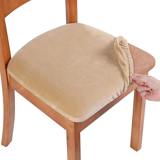 Smiry Velvet Seat Covers for Dining Room Chair Set of 2, Stretch Fit Removable Washable Chair Seat Cushion Protector Slipcovers with Ties, Beige